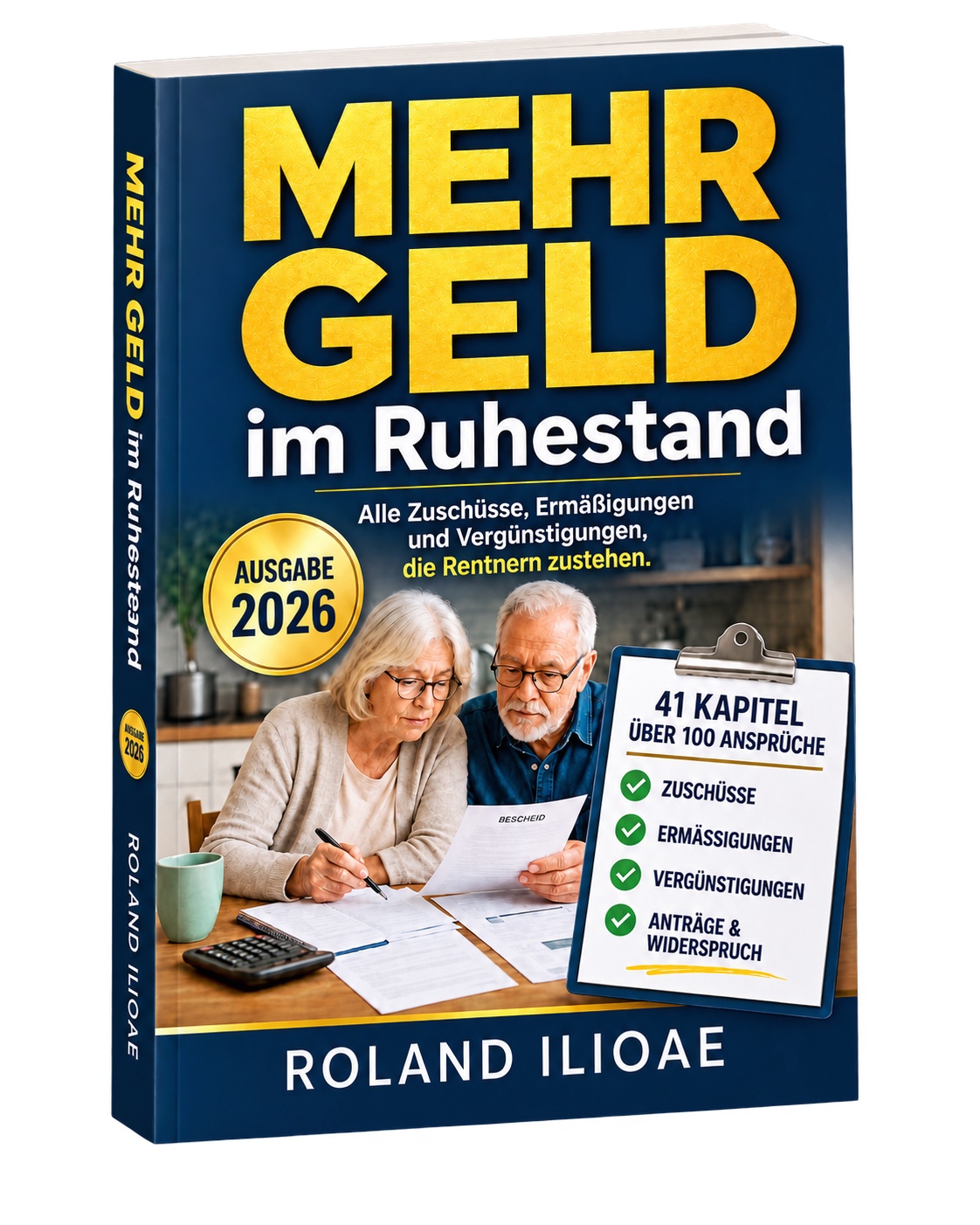Buch-Mock-up des Ratgebers Mehr Geld im Ruhestand, Ausgabe 2026, von Roland ILIOAE